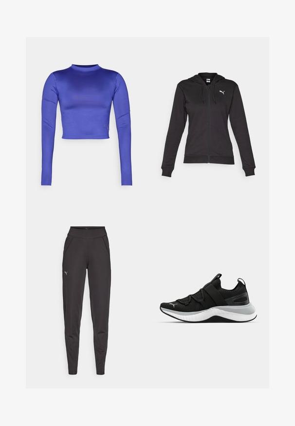 Melna jaka ar rāvējslēdzēju, izgatavota no mīksta kokvilnas maisījuma, ar kenguru kabatu, regulējamiem aukliņām un balto logo kreisajā krūtī.; Kopts garo piedurkņu tops spilgti purpursarkanā krāsā, ar gludu, spīdīgu tekstūru, apaļu izgriezumu un smalku izšuvumu apakšmalā.; Melni sporta legingi, izgatavoti no elastīgas auduma, ar augstu jostasvietu, sānu kabatām un mazu atstarojošu logotipu uz kreisā augšstilba.; Melna sporta kurpe ar teksturētu augšējo daļu, elastīgām siksnām un biezu baltu vidusdaļu. Ievietots pelēks akcenta elements gar zoli.