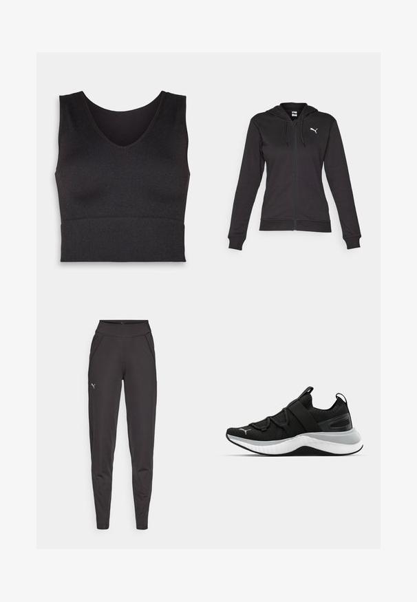 Black zip-up hoodie made of soft cotton blend, featuring a Kangaroo pocket, adjustable drawstrings, and a white logo on the left chest.; Black ribbed crop top with a V-neckline and a fitted design. Material is stretchy, providing a snug fit and smooth texture.; Black athletic leggings made of stretchy fabric, featuring a high waistband, side pockets, and a small reflective logo on the left thigh.; Black athletic shoe with a textured upper, elastic straps, and a thick white midsole. Features a grey accent along the sole.