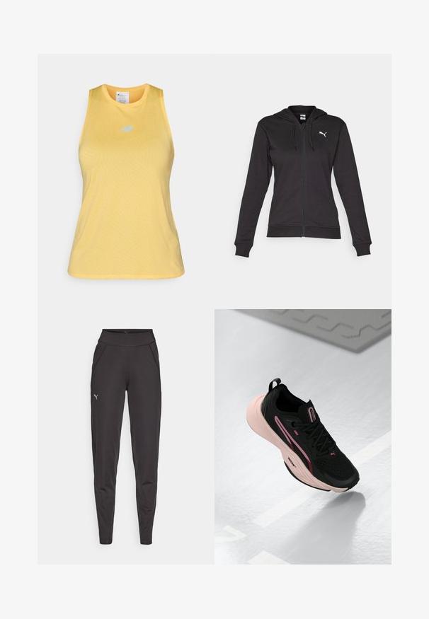 Hanorac negru cu fermoar, dintr-un amestec moale de bumbac, dotat cu un buzunar tip Kangaroo, șnururi ajustabile și un logo alb pe partea stângă a pieptului.; Top sportiv galben fără mâneci, realizat dintr-un material texturat, cu un guler rotund și un logo albastru deschis în zona pieptului.; Leggings atletice negre, fabricate dintr-un material elastic, cu un talie înaltă, buzunare laterale și un mic logo reflectorizant pe coapsa stângă.; Pantofii sport negri cu accente roz și un material superior texturat. Au o talpă roz căptușită și șireturi negre. Design ușor pentru performanță.