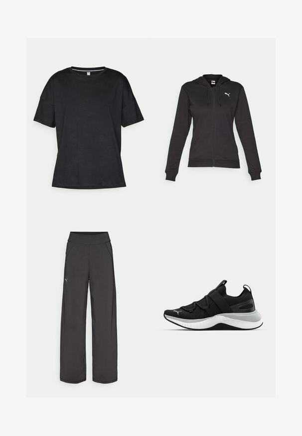 Črna zip-up kapuca iz mešanice mehkega bombaža, ki ima kenguru žep, nastavljive vrvice in belo logo na levem prsnem delu.; Črna kratkosleeve majica iz teksturirane tkanine z rahlim valovnim vzorcem, ima okroglo ovratnico in sproščen kroj.; Črne atletske hlače z širokim pasom, stranskimi žepi in ravnimi šivi. Imajo majhen logotip na levi nogi. Narejene so iz gladkega, raztegljivega materiala.; Črne atletske čevlje z teksturirano zgornjšo plastjo, elastičnimi trakovi in debelim belim srednjim podplatom. Imajo sivo akcentsko linijo ob podplatu.