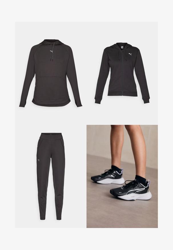 Čierna mikina na zips vyrobená z jemnej bavlnenej zmesi, s klokaním vreckom, nastaviteľnými šnúrkami a bielym logom na ľavej hrudi.; Čierna mikina s dlhým rukávom a kapucňou vyrobená z ľahkého materiálu, so predným vreckom a kapucňou so šnúrkami v kontrastných farbách.; Čierne športové legíny vyrobené z elastického materiálu, s vysokým pásom, bočnými vreckami a malým reflexným logom na ľavom stehne.; Čierne atletické topánky s bielymi akcentmi, vrchná časť z prepletanej textílie, šnúrky a polstrovaná päta. Obsahujú štruktúrovanú podrážku pre lepšiu priľnavosť.