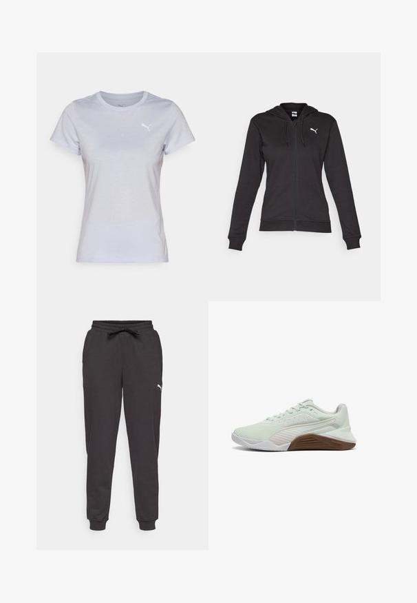 Črna zip-up kapuca iz mešanice mehkega bombaža, ki ima kenguru žep, nastavljive vrvice in belo logo na levem prsnem delu.; Svetlo vijolična kratkolinijska majica s kratkimi rokavi, narejena iz mehkega materiala, z okroglim ovratnikom in majhnim belim logotipom Puma na prsih.; Črne trenirke iz mehkega materiala, z elastičnim pasom in vrvico ter rebrastimi manšetami. Bela logotipna podrobnost na strani.; Svetlo zelena športna obuvala z teksturiranim zgornjim delom, belimi poudarki in rjavo gumijasto podplatom. Imajo prezračevanje iz mreže in ojačan prst.