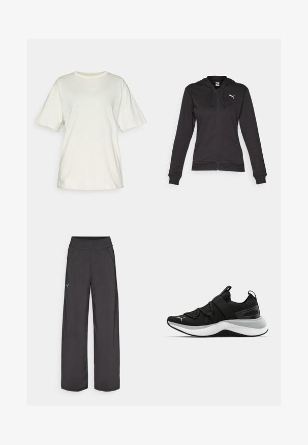 Fekete cipzáros kapucnis pulóver puha pamut keverékből, kenguru zsebbel, állítható húzózsinórral és fehér logóval a bal mellrészen.; Világos bézs színű pamut póló rövid ujjal, kerek nyakkal, és a mellkas közepén egy kis fehér Puma logóval. Puha, laza szabású.; Fekete sportnadrág széles derékpánttal, oldalsó zsebekkel és sík varratokkal. A bal lábon található egy kis logó. Sima, rugalmas anyagból készült.; Fekete sportcipő textúrázott felső résszel, rugalmas pántokkal és vastag fehér középtalppal. Szürke akcentussal rendelkezik a talp mentén.