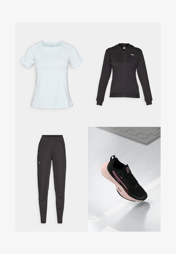 Čierna mikina na zips vyrobená z jemnej bavlnenej zmesi, s klokaním vreckom, nastaviteľnými šnúrkami a bielym logom na ľavej hrudi.; Svetlomodré športové tričko s krátkym rukávom, vyrobené z hladkej tkaniny, má zaoblený výstrih a malé perforácie na bokoch. Na hrudi je logo.; Čierne športové legíny vyrobené z elastického materiálu, s vysokým pásom, bočnými vreckami a malým reflexným logom na ľavom stehne.; Čierna športová obuv s ružovými akcentmi a textúrovaným zvrškom. Obsahuje polstrovanú ružovú podrážku a čierne šnúrky. Ľahký dizajn pre výkon.
