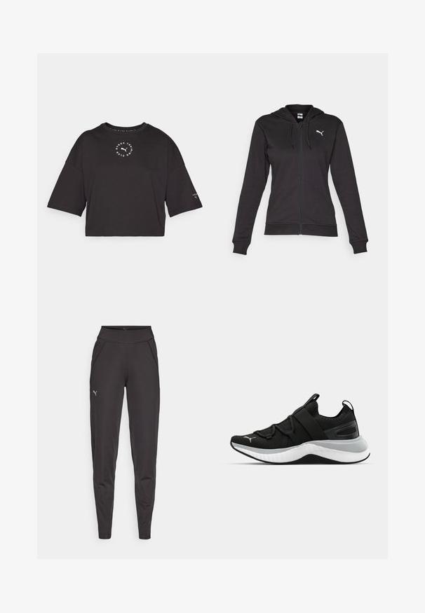 Must kombinatsioonist valmistatud must kapuutsiga dressipluus, millel on tasku ja reguleeritavad tõmblukud, ning valge logo vasakul rinnal.; Musta lühike T-särk üle suurte varrukatega. Esipaneelil on ringikujuline valge logo ja väiksed aktsendid varrukal. Puuvilla segu materjal.; Mustad mustriga mustad leggingud, mis on valmistatud venivast kangast. Neil on kõrge vöökoht, küljetaskud ja väike peegelduv logo vasakul reitel.; Must have tekstuuriga ülemise osaga mustad spordijalatsid, elastsete rihmade ja paksu valge vaheosaga. Omab halli aktsenti talla ääres.