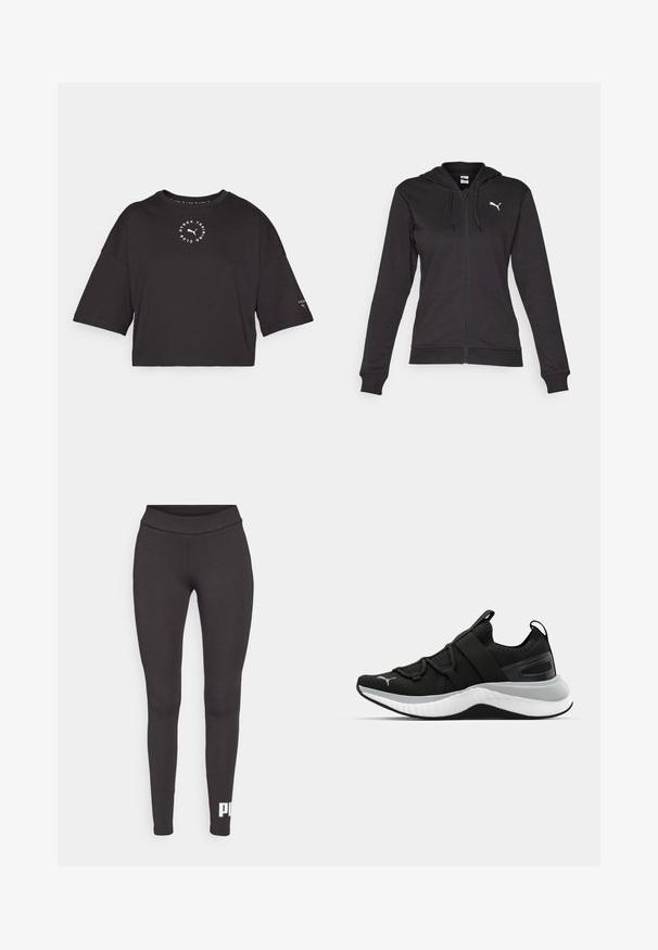 Juodas džemperis su užtrauktuku, pagamintas iš minkštos medvilnės mišinio, turintis kengūros kišenę, reguliuojamus raiščius ir baltą logotipą kairėje krūtinės pusėje.; Juodas trumpas marškinėliai su didelėmis rankovėmis. Priekyje yra apvalus baltas logotipas ir mažos detalės ant rankovės. Pagaminta iš medvilnės mišinio.; Juodi legginsai, pagaminti iš tamprios medžiagos, su aukštu juosmeniu ir baltu logotipu, atspausdintu ant kairės kojos apatinės dalies. Lygus paviršius.; Juodas sportinis batelis su tekstūruota viršutine dalimi, elastingomis juostomis ir storesniu baltu tarpiniai. Yra pilkas akcentas palei pado kraštą.