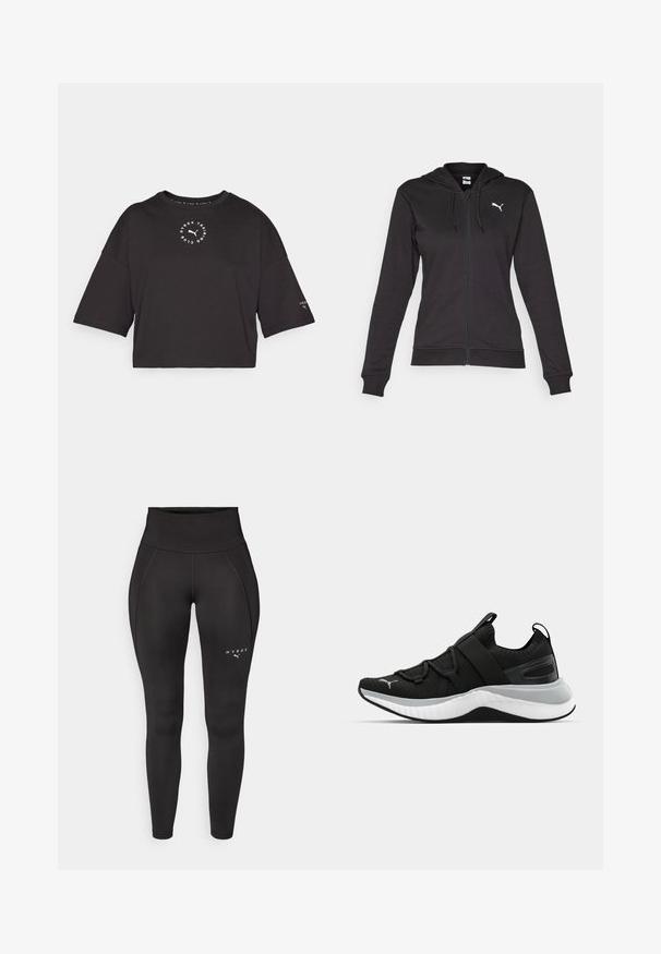 Sweatshirt preto com fecho zip, feito de uma mistura de algodão suave, com bolso canguru, cordões ajustáveis e um logótipo branco no lado esquerdo do peito.; T-shirt preta cropped com mangas largas. Apresenta um logótipo circular branco na frente e pequenos detalhes na manga. Material em mistura de algodão.; Leggings atléticas pretas com uma cintura alta, apresentando uma textura suave e costuras planas. Logo impresso em branco no lado esquerdo.; Sapatilha atlética preta com um upper texturizado, tiras elásticas e uma entressola grossa branca. Apresenta um detalhe cinza ao longo da sola.