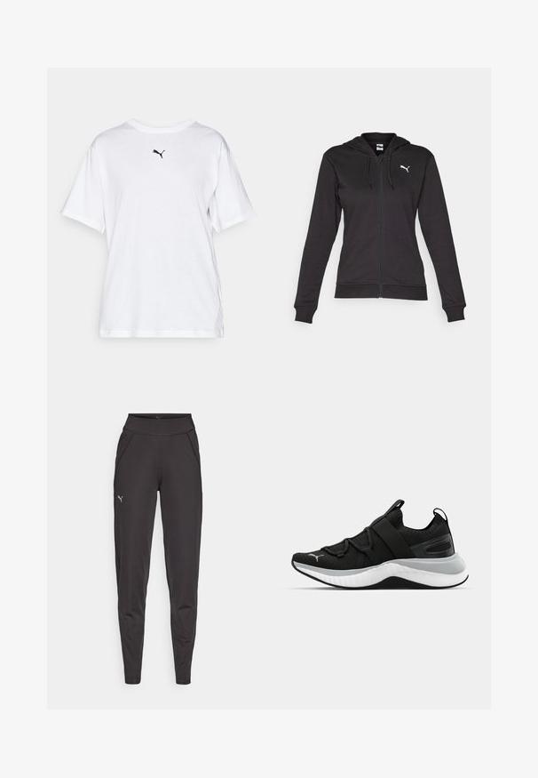 Hoodie zippé noir en mélange de coton doux, avec une poche kangourou, des cordons de serrage ajustables, et un logo blanc sur la poitrine gauche.; T-shirt en coton blanc avec un col rond et des manches courtes. Présente un petit logo noir sur la poitrine. Coupe classique décontractée.; Leggings de sport noirs en tissu extensible, dotés d'une taille haute, de poches latérales et d'un petit logo réfléchissant sur la cuisse gauche.; Botte de sport noire avec une tige texturée, des sangles élastiques et une épaisse semelle intermédiaire blanche. Elle présente une accentuation grise le long de la semelle.