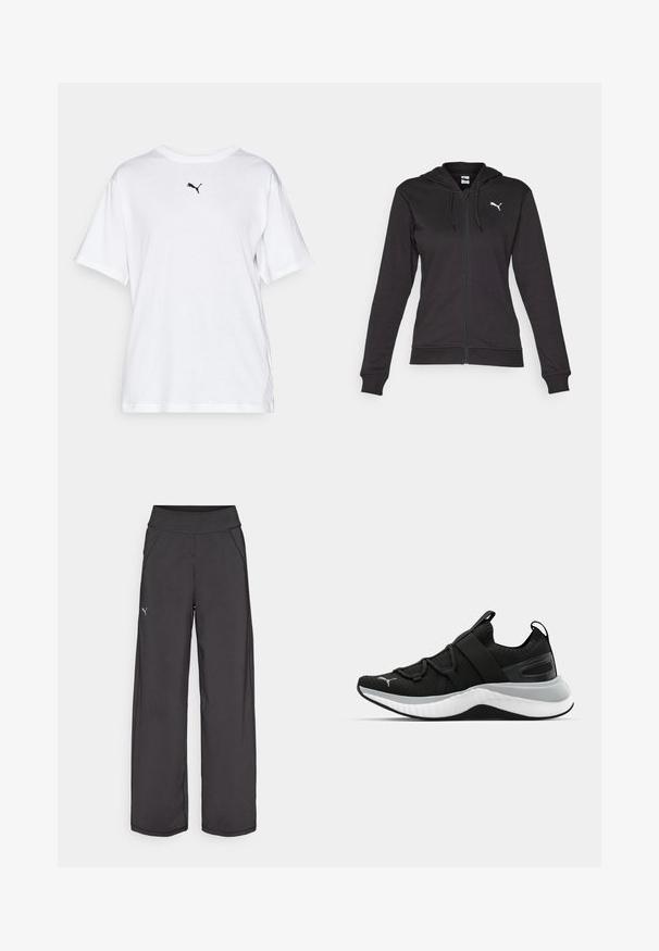 Hanorac negru cu fermoar, dintr-un amestec moale de bumbac, dotat cu un buzunar tip Kangaroo, șnururi ajustabile și un logo alb pe partea stângă a pieptului.; Tricou alb din bumbac cu decolteu rotund și mâneci scurte. Prezintă un mic logo negru pe piept. Croială clasică, lejeră.; Pantaloni atletici negri cu un talie lată, buzunare laterale și cusături plate. Prezintă un mic logo pe piciorul stâng. Realizați dintr-un material neted și elastic.; Pantof de sport negru cu un upper texturat, curele elastice și o talpă intermediară groasă albă. Are un accent gri pe lungimea tălpii.