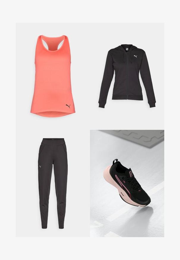 Black zip-up hoodie made of soft cotton blend, featuring a Kangaroo pocket, adjustable drawstrings, and a white logo on the left chest.; Coral athletic tank top, made from smooth fabric, features a racerback design, curved hem, and a black Puma logo on the lower right.; Black athletic leggings made of stretchy fabric, featuring a high waistband, side pockets, and a small reflective logo on the left thigh.; Black athletic shoe with pink accents and a textured upper. Features a cushioned pink sole and black laces. Lightweight design for performance.