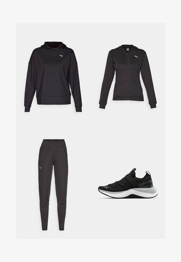 Svart zip-up hoodie i mjuk bomullsblandning, med en känguruficka, justerbara dragsko och en vit logotyp på vänster bröst.; Svart huva sweatshirt tillverkad av slät tyg. Har långa ärmar, en avslappnad passform och en liten vit logotyp på vänster övre bröst.; Svarta träningsleggings i elastiskt material, med hög midja, sidofickor och en liten reflekterande logo på vänster lår.; Svart sportskor med en texturerad ovandel, elastiska remmar och en tjock vit mellansula. Har en grå accent längs sulan.