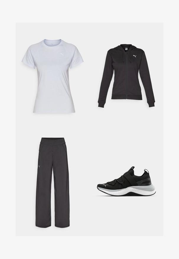 Fekete cipzáros kapucnis pulóver puha pamut keverékből, kenguru zsebbel, állítható húzózsinórral és fehér logóval a bal mellrészen.; Világosszürke, rövid ujjú póló, puha anyagból, kerek nyakkivágással. A mellkason egy kis fehér logó és raglán ujjak találhatók.; Fekete sportnadrág széles derékpánttal, oldalsó zsebekkel és sík varratokkal. A bal lábon található egy kis logó. Sima, rugalmas anyagból készült.; Fekete sportcipő textúrázott felső résszel, rugalmas pántokkal és vastag fehér középtalppal. Szürke akcentussal rendelkezik a talp mentén.