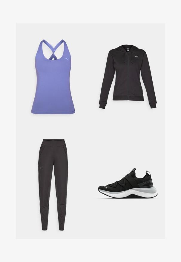 Sort zip-up hoodie lavet af blødt bomuldsblanding, med en kængurulomme, justerbare snore og et hvidt logo på venstre bryst.; Lilla sports tanktop med racerback-design og krydsede stropper, glat tekstur og et lille logo øverst til højre.; Sorte atletiske leggings lavet af strækbart stof, med en høj talje, sidelommer og et lille reflekterende logo på venstre lår.; Sort atletiksko med en struktureret overdel, elastiske stropper og en tyk hvid mellemsål. Har en grå accent langs sålen.
