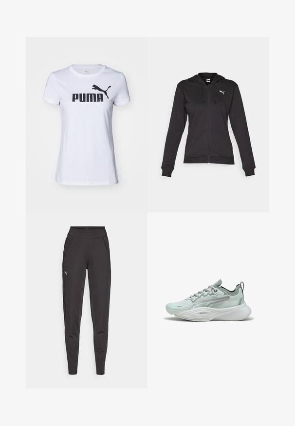 Zwarte zip-up hoodie gemaakt van een zachte katoenmix, met een kangoeroezak, verstelbare trekkoorden en een wit logo op de linkerborst.; Witte katoenen t-shirt met ronde hals, met een groot zwart "PUMA" logo en een zwarte poema-silhouet op de linkerschouder.; Zwarte sportleggings van rekbare stof, met een hoge tailleband, zijzakken en een klein reflecterend logo op de linkerdij.; Lichtgroene hardloopschoen met een ademende meshen bovenkant, een opgelegde zool, reflecterende accenten en een gevoerd kraagje voor comfort.