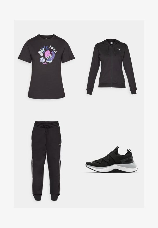 Black zip-up hoodie made of soft cotton blend, featuring a Kangaroo pocket, adjustable drawstrings, and a white logo on the left chest.; Black cotton t-shirt featuring a colorful graphic design with plants and shapes. Short sleeves and a crew neckline. Brand logo displayed.; Black sweatpants with an elastic waistband and drawstring, featuring white side stripes and a tapered leg design. Material appears soft.; Black athletic shoe with a textured upper, elastic straps, and a thick white midsole. Features a grey accent along the sole.