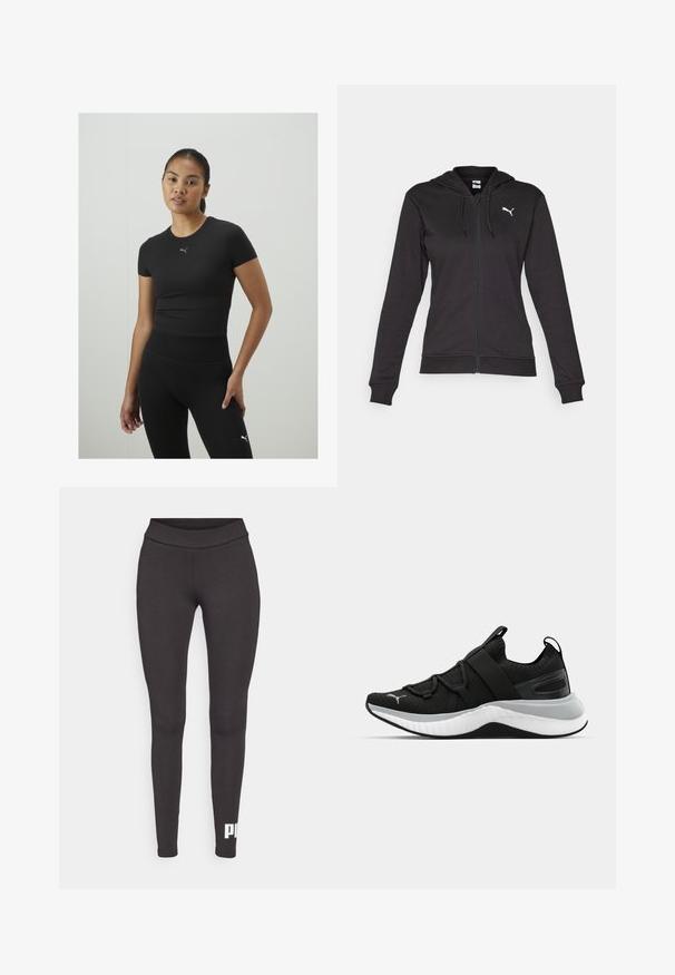 Czarna bluza z kapturem na zamek, wykonana z miękkiej mieszanki bawełny, z kieszenią kangurką, regulowanymi sznurkami i białym logo na lewej piersi.; Czarny sportowy top z krótkim rękawem, wykonany z gładkiego materiału. Posiada małe szare logo Puma na klatce piersiowej. Noszony z czarnymi legginsami o wysokim stanie.; Czarne legginsy z elastycznego materiału, z wysokim stanem i białym logo nadrukowanym na dolnej części lewej nogawki. Gładka tekstura.; Czarne sportowe buty z teksturowaną cholewką, elastycznymi paskami i grubą białą podeszwą środkową. Posiadają szary akcent wzdłuż podeszwy.