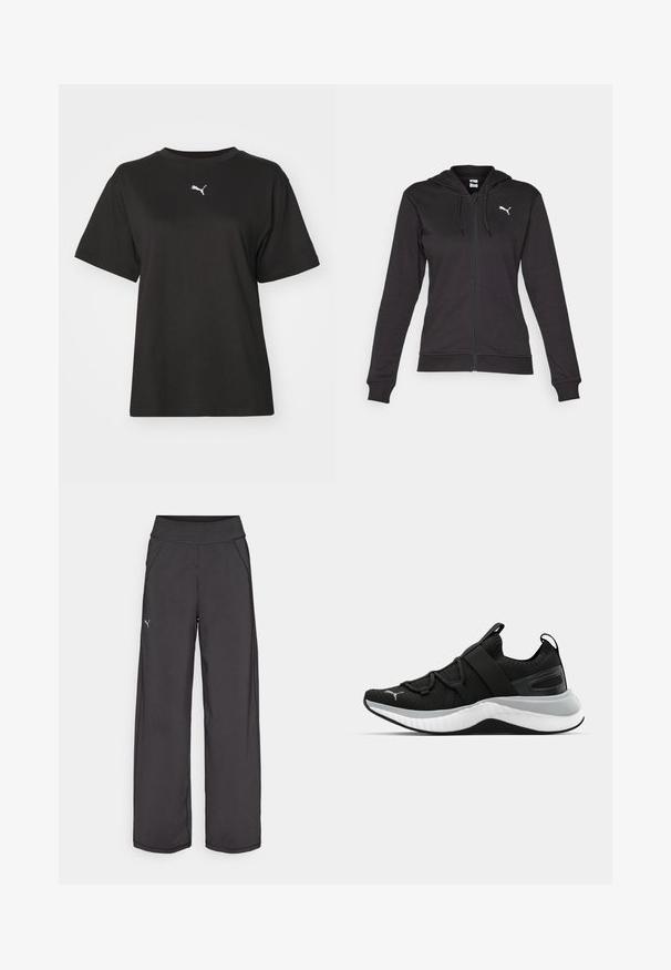 Zwarte zip-up hoodie gemaakt van een zachte katoenmix, met een kangoeroezak, verstelbare trekkoorden en een wit logo op de linkerborst.; Zwarte katoenen t-shirt met een ronde hals, korte mouwen en een wit Puma-logo op de borst. Zachte textuur, casual pasvorm.; Zwarte sportbroek met een brede tailleband, zijzakken en platte naden. Bevat een klein logo op het linkerbeen. Gemaakt van gladde, rekbare stof.; Zwarte sportschoen met een gestructureerde bovenkant, elastische banden en een dikke witte tussenzool. Heeft een grijze accent langs de zool.
