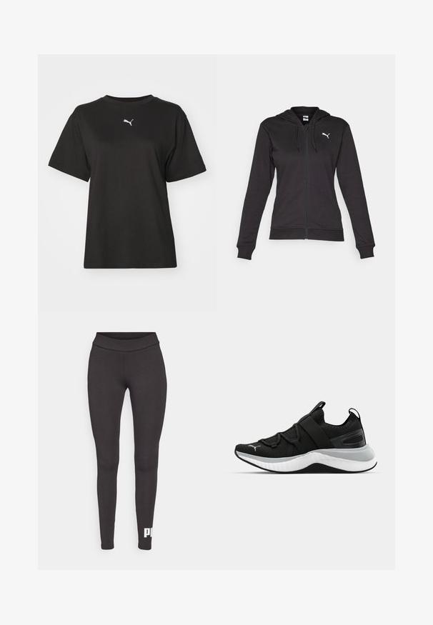Sort zip-up hoodie lavet af blødt bomuldsblanding, med en kængurulomme, justerbare snore og et hvidt logo på venstre bryst.; Sort bomulds T-shirt med rund hals, korte ærmer og et hvidt Puma-logo på brystet. Glat tekstur, afslappet pasform.; Sorte leggings lavet af strækbart stof, med en høj talje og et hvidt logo trykt på den nederste venstre ben. Glat tekstur.; Sort atletiksko med en struktureret overdel, elastiske stropper og en tyk hvid mellemsål. Har en grå accent langs sålen.