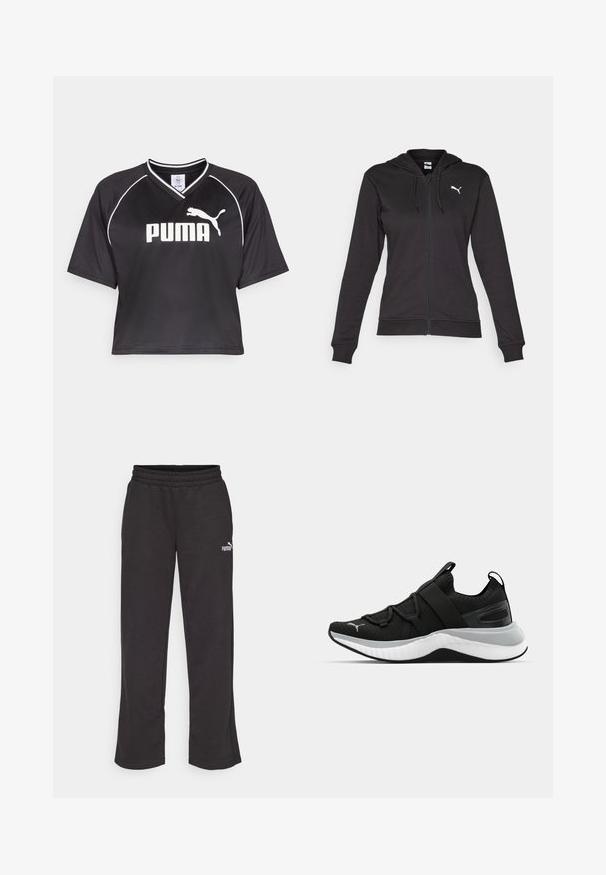 Juodas džemperis su užtrauktuku, pagamintas iš minkštos medvilnės mišinio, turintis kengūros kišenę, reguliuojamus raiščius ir baltą logotipą kairėje krūtinės pusėje.; Juodas supjaustytas sportinis marškinėlis, pagamintas iš pralaidaus audinio, su V formos iškirpte, trumpomis rankovėmis ir baltu logotipu su kontrastingais apvadais.; Juodi sportiniai kelnaičiai su laisvu siluetu, elastingu juosmeniu ir mažuoju baltu Puma logotipu kairėje šlaunyje. Pagaminti iš minkštos, patvarios medžiagos.; Juodas sportinis batelis su tekstūruota viršutine dalimi, elastingomis juostomis ir storesniu baltu tarpiniai. Yra pilkas akcentas palei pado kraštą.