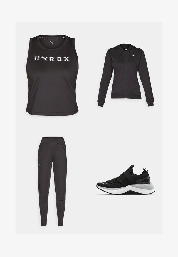 Black zip-up hoodie made of soft cotton blend, featuring a Kangaroo pocket, adjustable drawstrings, and a white logo on the left chest.; Black sleeveless crop top made of smooth fabric, featuring a white distorted "HYROX" logo across the front and a rounded neckline.; Black athletic leggings made of stretchy fabric, featuring a high waistband, side pockets, and a small reflective logo on the left thigh.; Black athletic shoe with a textured upper, elastic straps, and a thick white midsole. Features a grey accent along the sole.