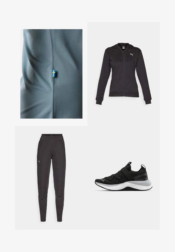 Black zip-up hoodie made of soft cotton blend, featuring a Kangaroo pocket, adjustable drawstrings, and a white logo on the left chest.; Gray athletic shirt featuring a textured mesh design, with a small blue and yellow tag displaying a flag at the side seam.; Black athletic leggings made of stretchy fabric, featuring a high waistband, side pockets, and a small reflective logo on the left thigh.; Black athletic shoe with a textured upper, elastic straps, and a thick white midsole. Features a grey accent along the sole.