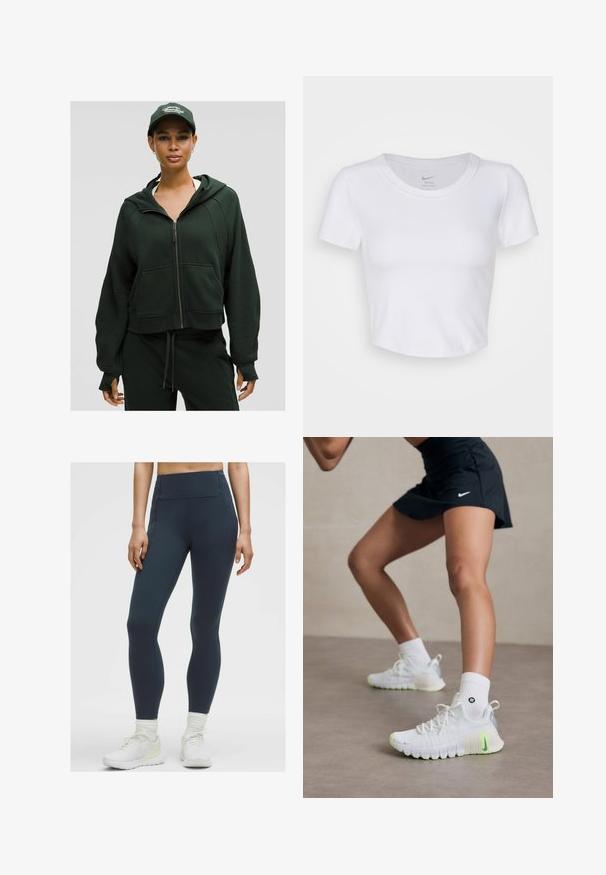 Nainen, joka on pukeutunut tummanvihreään vetoketjuhuppariin, samansävyisiin housuihin ja tummanvihreään lippalakkiin, jossa on valkoista tekstiä, seisoo vaaleaa taustaa vasten.; Valkoinen, lyhythihainen crop-top, joka on valmistettu sileästä synteettisestä materiaalista. Sisältää pyöreän kaula-aukon ja Nike-logon kauluksessa.; Korkeavyötäröiset, tummansiniset legginsit, jotka on valmistettu joustavasta ja sileästä kankaasta, jossa on litteät saumat eikä näkyviä taskuja, yhdistettynä valkoisiin urheilujalkineisiin.; Valkoiset urheilukengät, joissa on teksturoitu pinta, neonvihreät yksityiskohdat ja suuri Nike-logo. Yhdistetty valkoisiin nilkkasukkiin.