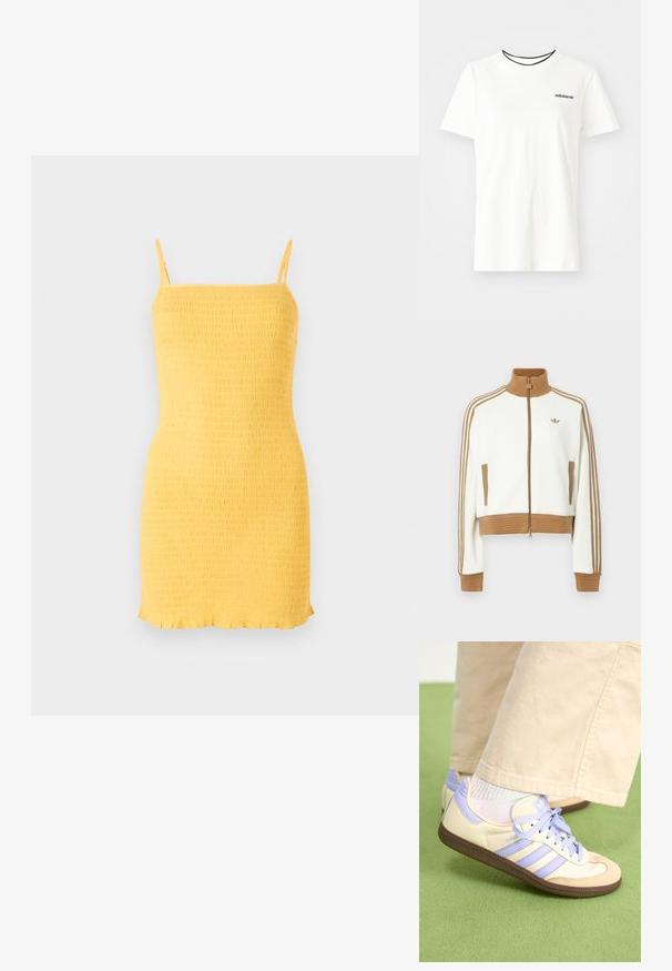 Bílá zkrácená bunda s hnědou žebrovanou límcem a manžetami. Má dvě boční kapsy a tři hnědé pruhy podél rukávů. Vyšívané logo.; Žluté smockované šaty s tenkými ramínky a přímým střihem. Mají texturovaný povrch a volánkový lem. Vyrobeny z lehkého materiálu.; Bílý bavlněný tričko s krátkými rukávy a kulatým výstřihem. Má černé logo Adidas na hrudi a kontrastní černý vnitřní límeček.; Krémové a levandulové tenisky se třemi pruhy a texturovanou hnědou podrážkou, vybavené tkaničkami a polstrovanou patou. Měkký textilní svršek.