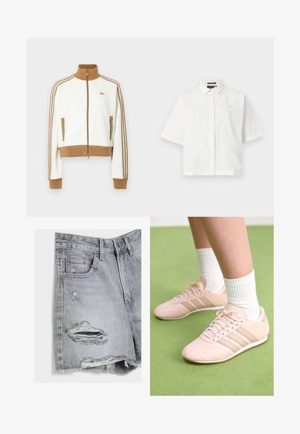 Valkoinen lyhyt takki, jossa on ruskea ribbireunus kauluksessa ja hihansuissa. Siinä on kaksi sivutaskua ja kolme ruskeaa raidetta hihoissa. Brodeerattu logo.; Valkoinen lyhythihainen paita, jossa on teksturoitu kangas, normaali kaulus ja nappisulku. Pienen logon löytyy rinnasta. Rennon istuvuuden muotoilu.; Vaaleanharmaat farkkushortsit, joissa on kulutettua kangasta, resorit ja kupariset niitit Taskuissa. Edessä ja takana on repaleisia yksityiskohtia.; Vaaleanpunaiset urheilukengät, joissa on vino sauma, valkoiset pohjat ja kolme sivuraidetta. Käänteiset valkoiset sukat päällä vihreällä pinnalla.