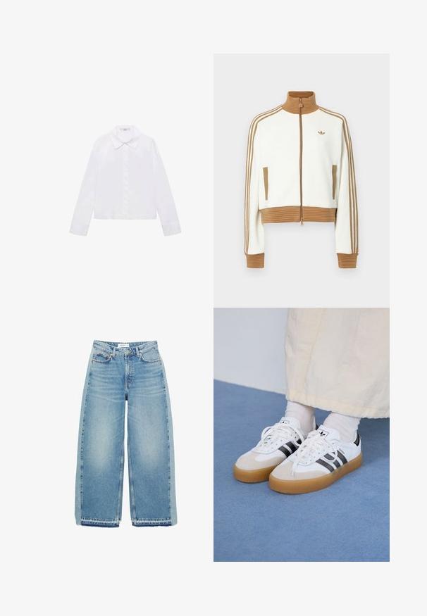 Jachetă albă scurtă cu un guler și manșete dintr-un material ribbed de culoare maro. Are două buzunare laterale și trei dungi maronii pe mâneci. Logo brodat.; Cămașă albă cu mânecă lungă, având un guler clasic, butoniere centrale și material neted, cu o margine ușor scurtată.; Jeans de denim albastre deschis, cu croi larg, având talie înaltă, închidere cu nasture, buzunare frontale și tiv brut.; Adidași albi cu dungi negre și accente din suede bej. Au talpă din cauciuc texturat și șireturi albe plate, purtați cu șosete de culori deschise.