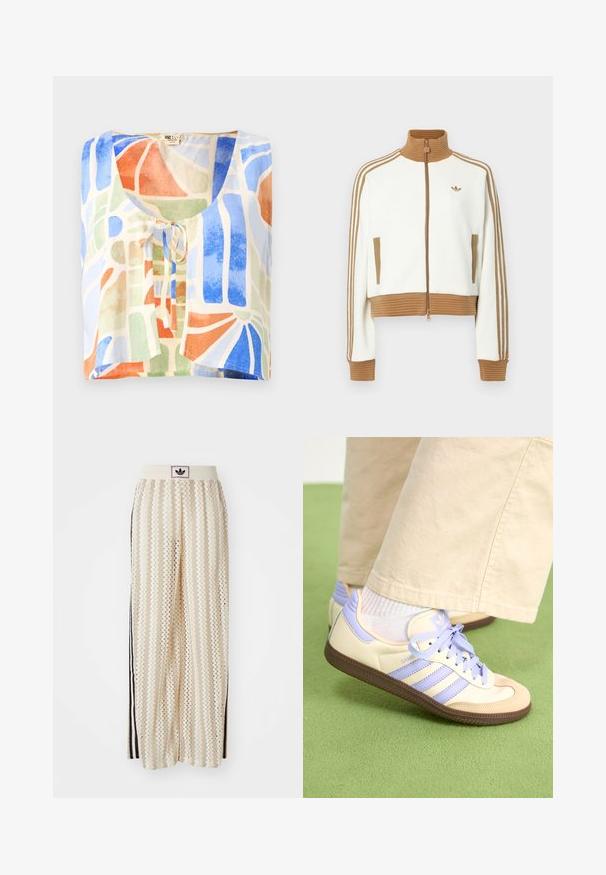 White cropped jacket with a ribbed brown collar and cuffs. Features two side pockets and three brown stripes along the sleeves. Embroidered logo.; Short-sleeve blouse in lightweight fabric featuring a colorful abstract pattern. Colors include blue, green, orange, and cream with a tie detail.; Cream-colored wide-leg pants with a zigzag pattern, featuring a black logo waistband and side black stripes. Lightweight, textured fabric.; Cream and lavender sneakers with three stripes and a textured brown sole, featuring laces and a padded heel. Soft fabric upper.