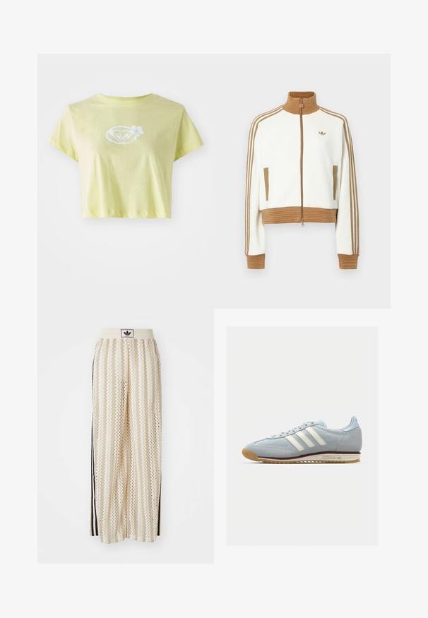 Balta īsā jaka ar ribotu brūnu apkakli un aprocēm. Iezīmēti divi sānu kabatas un trīs brūnas svītras gar piedurknēm. Izšūts logo.; Gaiši dzeltens īsa krekls izgatavots no kokvilnas. Priekšpusē centrā ir balts ziedu grafiskais dizains sirds formā.; Krēmbalti plaša piegriezuma bikses ar zigzaga rakstu, ar melnu logotipa jostu un melnām sānu svītrām. Viegls, teksturēts audums.; Gaiši zili zamša sporta apavi ar baltām trim svītrām, gumijas zoli un teksturētu sietu. Ietver gludu purngalu un zīmolu uz papēža.