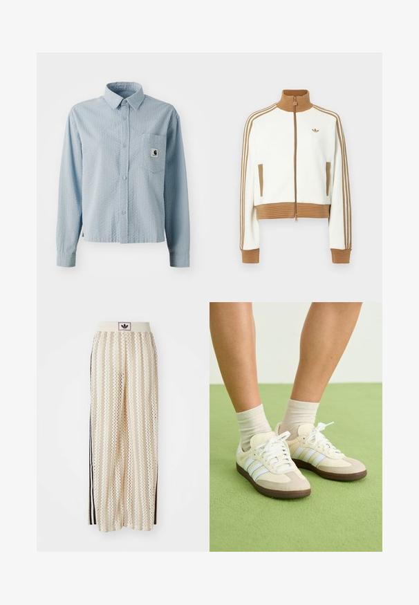 Witte cropped jas met een geribbeld bruin kraag en boorden. Voorzien van twee zijzakken en drie bruine strepen langs de mouwen. Geborduurd logo.; Lichtblauwe, lange mouw, button-up shirt met een gestructureerd patroon, een borstzak en een merklabel op de zak. Gemaakt van geweven stof.; Crème kleurige wijde broek met een zigzagpatroon, met een zwarte logo tailleband en zij zwarte strepen. Lichtgewicht, gestructureerde stof.; Samba-sneakers met een crème en beige kleurenschema, voorzien van drie lichtblauwe strepen, witte veters en bruin rubberen zolen.