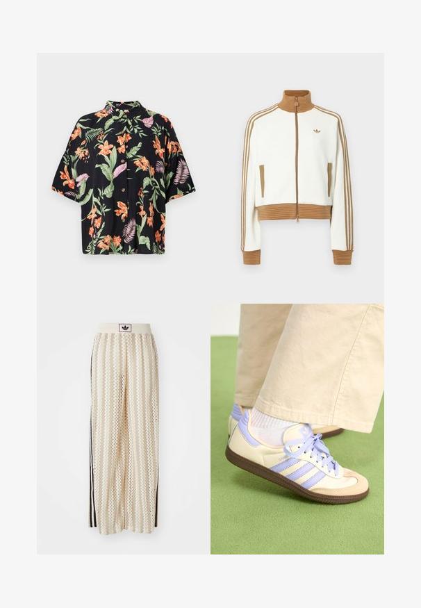 Weißes gekürztes Jacket mit einem gerippten braunen Kragen und Bündchen. Verfügt über zwei Seitentaschen und drei braune Streifen entlang der Ärmel. Besticktes Logo.; Kurzärmliges, schwarzes Blumenhemd mit lebendigen orangenen und lila Blumen sowie grünen Blättern. Verfügt über fünf Knöpfe und einen Kragen.; Cremfarbene, weit geschnittene Hosen mit einem Zickzackmuster, ausgestattet mit einem schwarzen Logo-Bund und seitlichen schwarzen Streifen. Leichter, strukturierter Stoff.; Cremefarbene und lavendelfarbene Sneakers mit drei Streifen und einer strukturierten braunen Sohle, ausgestattet mit Schnürsenkeln und einer gepolsterten Ferse. Obermaterial aus weichem Stoff.
