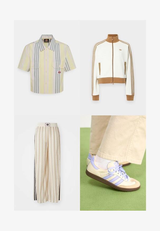 Bílá zkrácená bunda s hnědou žebrovanou límcem a manžetami. Má dvě boční kapsy a tři hnědé pruhy podél rukávů. Vyšívané logo.; Zkrácená krátká košile světle žluté barvy s vertikálními zelenými a pastelovými pruhy. Obsahuje dvě náprsní kapsy a nášivku s logem na levé kapse.; Krémové široké kalhoty s cikcak vzorem, s černým logem na pásu a černými pruhy po stranách. Lehčí, texturovaná tkanina.; Krémové a levandulové tenisky se třemi pruhy a texturovanou hnědou podrážkou, vybavené tkaničkami a polstrovanou patou. Měkký textilní svršek.