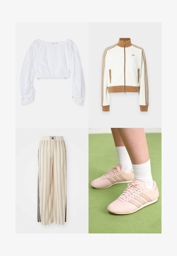 Jaqueta branca corta com um colarinho e punhos castanhos canelados. Apresenta dois bolsos laterais e três riscas castanhas nas mangas. Logótipo bordado.; Top branco cropped com mangas longas em balão, apresentando punhos elásticos e uma cintura franzida. Feito de um tecido leve e suave.; Calças largas de cor creme com um padrão em zigzag, apresentando uma cintura com logotipo preto e riscas laterais pretas. Tecido leve e texturizado.; Ténis atléticos rosa claro com costura diagonal, solas brancas e três riscas laterais. Usados com meias brancas com nervuras sobre uma superfície verde.
