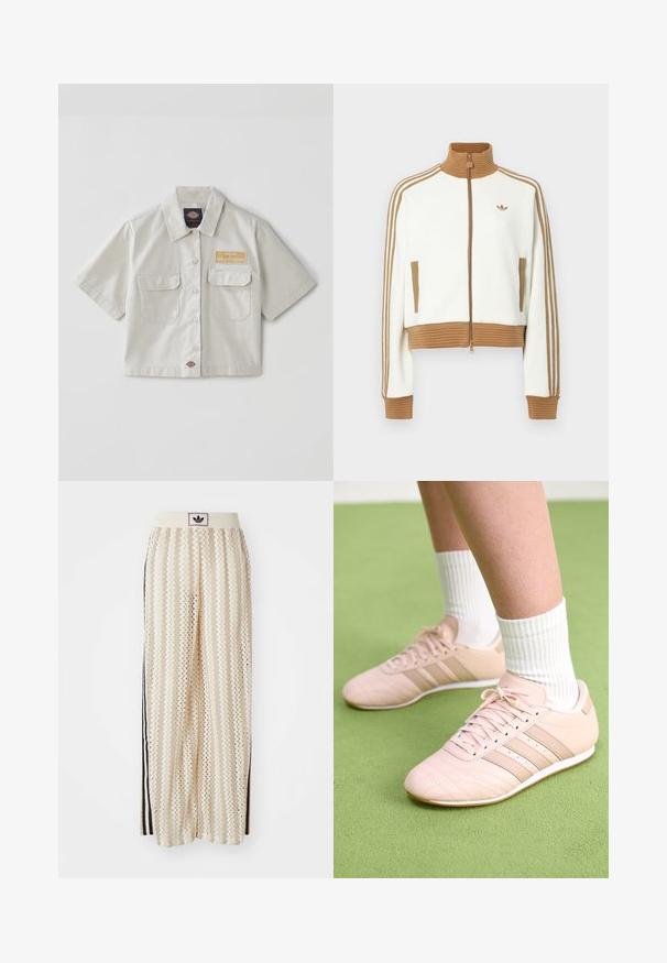 Jaqueta branca corta com um colarinho e punhos castanhos canelados. Apresenta dois bolsos laterais e três riscas castanhas nas mangas. Logótipo bordado.; Camisa de manga curta em algodão bege com dois bolsos no peito, fecho de botão e emblema. Apresenta colarinho clássico e barra reta.; Calças largas de cor creme com um padrão em zigzag, apresentando uma cintura com logotipo preto e riscas laterais pretas. Tecido leve e texturizado.; Ténis atléticos rosa claro com costura diagonal, solas brancas e três riscas laterais. Usados com meias brancas com nervuras sobre uma superfície verde.