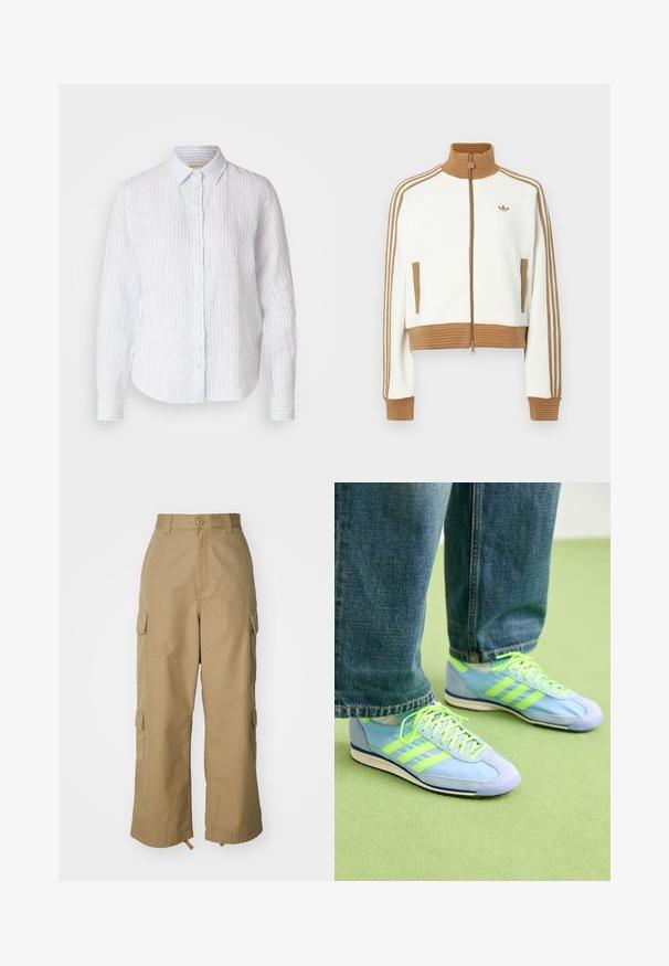 Bílá zkrácená bunda s hnědou žebrovanou límcem a manžetami. Má dvě boční kapsy a tři hnědé pruhy podél rukávů. Vyšívané logo.; Světle modrá a bílá pruhovaná košile na knoflíky, vyrobená z prodyšného materiálu, s klasickým límečkem a dlouhými rukávy s knoflíkovými manžetami.; Béžové cargo kalhoty s vysokým pasem, širokými nohavicemi a čtyřmi velkými bočními kapsami. Vyrobené z odolné tkaniny s hladkým povrchem a minimálními detaily.; Světle modré sportovní boty se zelenými akcenty, vyrobené z semišového a syntetického materiálu, s třemi pruhy a texturovanou podešví. Stylizované s volnými džíny.
