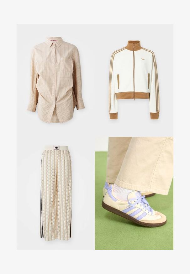 Hvit cropped jakke med en rillet brun krage og mansjetter. Har to sidelommer og tre brune striper langs ermene. Brodert logo.; Beige langermet skjorte med knappestolpe og rutemønster, har krage, lomme på venstre side og hvite knapper.; Kremfargede bukser med brede ben og zigzag-mønster, med en svart logo-linning og svarte striper på siden. Lett, teksturert stoff.; Kremfargede og lavendelfargede joggesko med tre striper og en teksturert brun såle, med lisser og en polstret hæl. Mykt stofføvre.