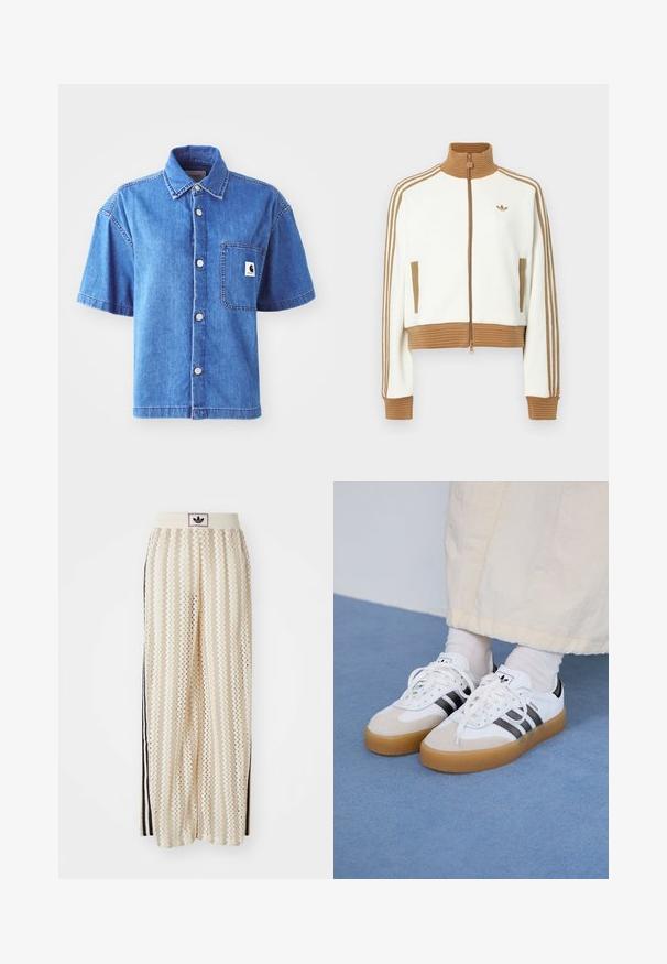 Hvid cropped jakke med en ribbet brun krave og mansjetter. Har to sidelommer og tre brune striber langs ærmerne. Broderet logo.; Kortærmet denimskjorte i lyseblå, med en knaplukning, brystlomme og fremtrædende logo-patch. Glat tekstur og afslappet pasform.; Cremefarvede bukser med vidde, der har et zigzag-mønster, med en sort logoelastik i taljen og sorte striber på siden. Letvægtigt, tekstureret stof.; Hvide sneakers med sorte striber og beige ruskindsdetaljer. Har en tekstureret gummisål og flade hvide snørebånd, båret med lyse sokker.