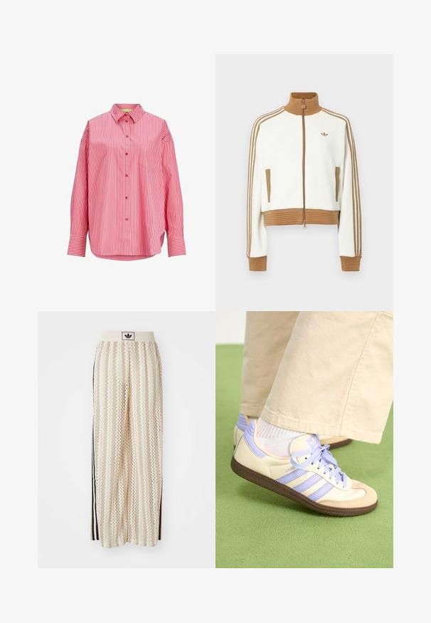 Biely skrátený kabát s rebrovaným hnedým golierom a manžetami. Obsahuje dve bočné vrecká a tri hnedé pruhy po stranách rukávov. Vyšívané logo.; Červeno-biely pruhovaný košeľový tričko, s gombíkmi, dlhé rukávy, jedna náprsní vrecko, mäkká tkanina, zakrivený lem.; Béžové nohavice s širokými nohavicami a zigzagovými vzormi, s čiernym logom na páse a bočnými čiernymi pruhmi. Ľahká, textúrovaná látka.; Krémovo-fialové tenisky so tromi pruhmi a štruktúrovanou hnedou podrážkou, s šnúrkami a polstrovaným opätkom. Mäkký textilný zvršok.