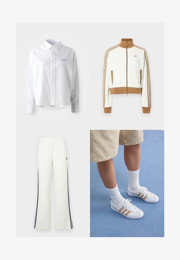 Giacca bianca cropped con collo e polsini a coste marroni. Presenta due tasche laterali e tre strisce marroni lungo le maniche. Logo ricamato.; Camicia bianca con righe verticali azzurri, colletto a punta e piccolo logo blu sul lato sinistro del petto. Tessuto di cotone, vestibilità comoda.; Pantaloni in maglia a treccia color crema chiaro con design svasato. Presentano strisce laterali blu scuro e un logo Adidas sull'anca. Vita elastica.; Sneaker bianche con tre strisce dorate, design con lacci, suola in gomma, indossate con calze bianche a coste e pantaloni beige su una superficie blu.