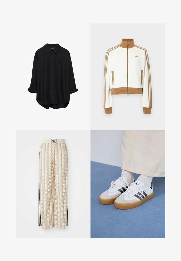 Bijela skraćena jakna s rebrastim smeškim ovratnikom i manžetama. Ima dva bočna džepa i tri smeđe pruge duž rukava. Izvezeni logo.; Crna košulja dugih rukava s dugmadi i šiljastim kragnom, opuštenog kroja, s podvrnutim rukavima i lagano zaobljenim rubom, izrađena od glatkog materijala.; Pantalone širokog kroja krem boje s zigzag uzorkom, koji sadrži sivi pojas s crnim logotipom i bočne crne pruge. Lagani, teksturirani materijal.; Bjele tenisice s crnim prugama i bež suknjom. Imaju teksturiranu gumu potplat i ravne bijele vezice, nošene uz svijetle čarape.