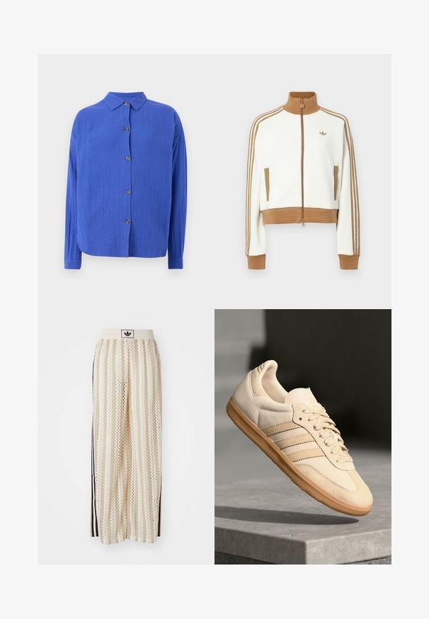Bela skrajšana jakna z rebrastim rjavim ovratnikom in manšeti. Ima dva stranska žepa in tri rjave črte vzdolž rokavov. Vezen logo.; Modra srajca s kravato z teksturirano tkanino, ovratnikom, dolgimi rokavi in petimi rjavimi gumbi spredaj. Zaobljen spodnji rob.; Hlače širokega kroja kremne barve z zigzag vzorcem, opremljene z črnim logotipom na pasu in stranskimi črnimi črtami. Lahka, teksturirana tkanina.; Svetlo bež semišni športni copat z gumijastim podplatom, trije poševni trakovi in teksturiran zaščitni del. Vsebuje logotip na ježku in strani.