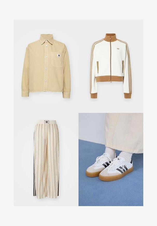 White cropped jacket with a ribbed brown collar and cuffs. Features two side pockets and three brown stripes along the sleeves. Embroidered logo.; Carhartt WIP GEORGIA - Button-down blouse - bourbon; Cream-colored wide-leg pants with a zigzag pattern, featuring a black logo waistband and side black stripes. Lightweight, textured fabric.; White sneakers with black stripes and beige suede accents. Feature a textured gum sole and flat white laces, worn with light-colored socks.
