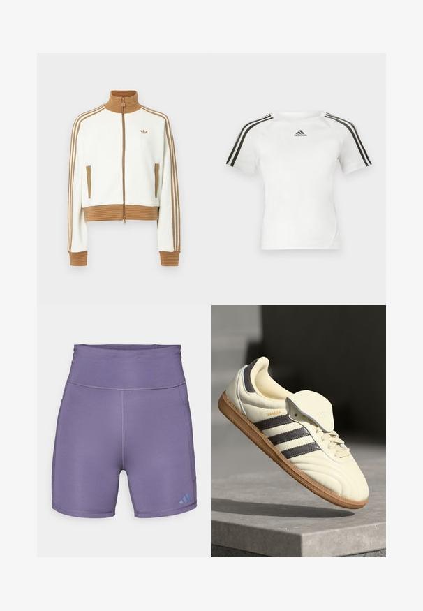 White cropped jacket with a ribbed brown collar and cuffs. Features two side pockets and three brown stripes along the sleeves. Embroidered logo.; White short-sleeve athletic shirt with black three-stripe design on shoulders, smooth texture, and a small black adidas logo on the chest.; Purple athletic shorts with a high waistband, smooth texture, and contrasting blue logo on the lower left. Features flatlock seams.; Cream leather sneaker with three dark stripes, a brown gum outsole, and a rounded toe. Features a foldable tongue labeled "SAMBA."