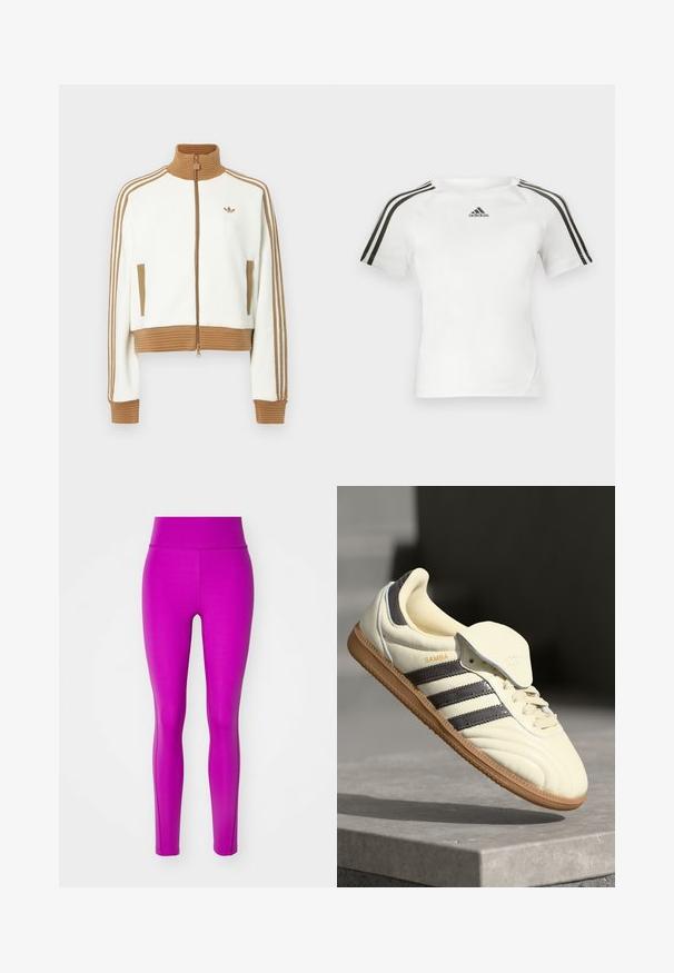 Jaqueta branca corta com um colarinho e punhos castanhos canelados. Apresenta dois bolsos laterais e três riscas castanhas nas mangas. Logótipo bordado.; Camiseta atlética de mangas curtas branca com um design de três riscas pretas nos ombros, textura suave e um pequeno logotipo preto da adidas no peito.; Leggings justos em tecido rosa brilhante com uma textura suave e uma cintura alta, apresentando um design sem costuras e pernas estreitas.; Sneaker de couro creme com três riscas escuras, sola de borracha castanha e bico arredondado. Apresenta uma língua dobrável rotulada como "SAMBA."