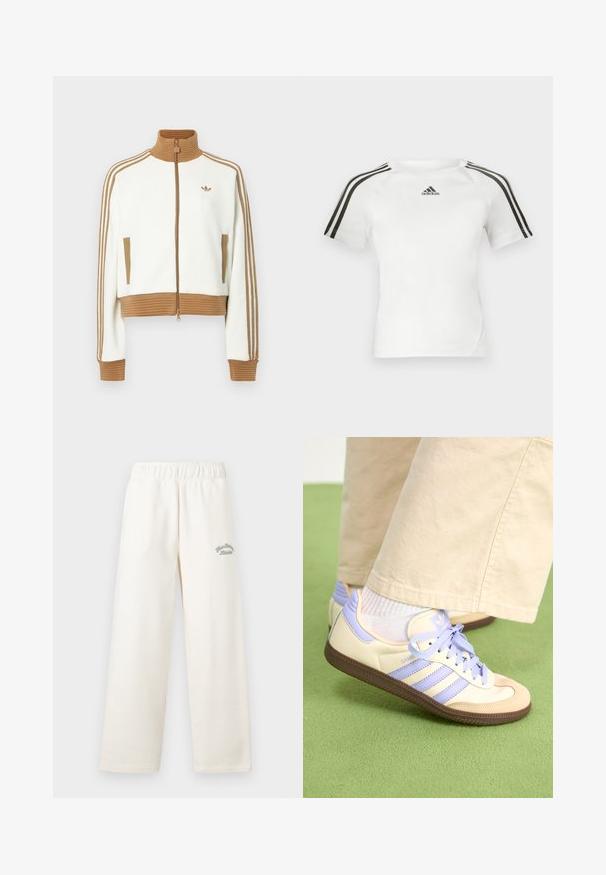 Bijela skraćena jakna s rebrastim smeškim ovratnikom i manžetama. Ima dva bočna džepa i tri smeđe pruge duž rukava. Izvezeni logo.; Bijela atletska majica kratkih rukava s crnim trostrukim dizajnom na ramenima, glatke teksture i malim crnim adidas logom na prsima.; Kremaste široke hlače izrađene od mekanog materijala s elastičnim strukom. Sadrži suptilan zeleni izvezeni tekst na prednjoj strani.; Kremasto-ljubičaste tenisice s tri pruge i strukturiranim smeškim potplatom, s vezicama i podstavljenim petom. Mekana gornja tkanina.