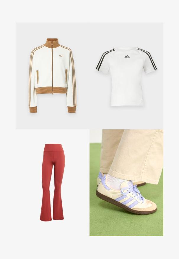 Valge lühendatud jakk, millel on soonikkoes pruun krae ja mansetid. Omab kahte küljetaskut ja kolme pruuni triipu varrukatel. Siidistatud logo.; Valge lühikeste varrukatega sportlik särk, millel on must kolmerealine disain õlgadel, sile tekstuur ja väike must adidas'i logo rinnal.; Punased laiad retuusid kõrge vöökohaga, valmistatud venivast kangast. Sile tekstuur ilma nähtavate mustrite või lisanditeta.; Kreemi ja lavendlivärvi tenniset, millel on kolm triipu ja tekstuuriga pruun tall, varustatud paelte ja pehmendatud kontsaga. Pehme kangast ülemine osa.