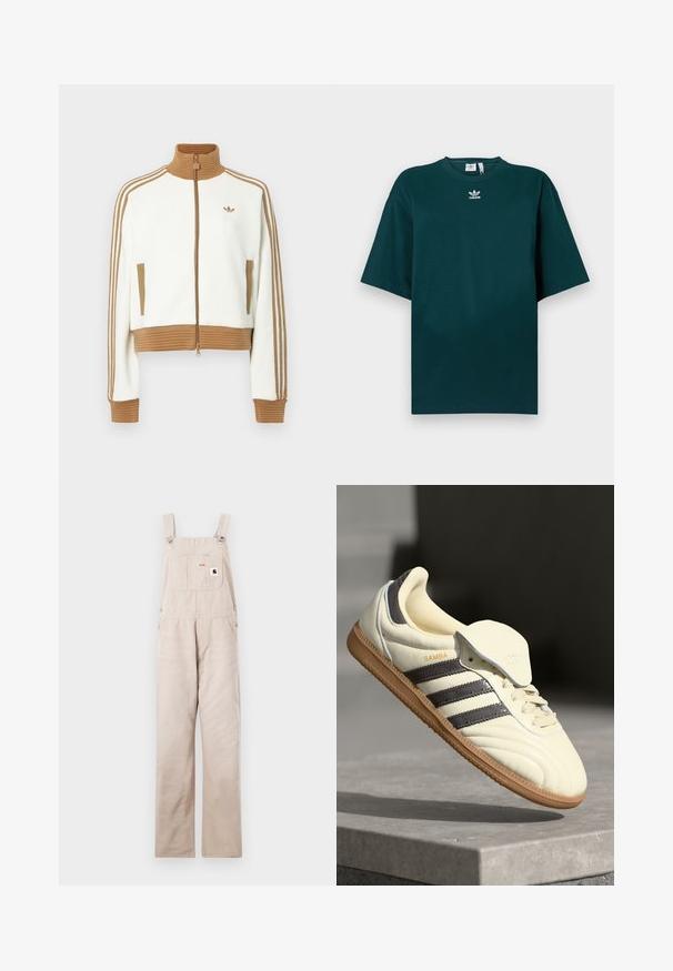 Jaqueta branca corta com um colarinho e punhos castanhos canelados. Apresenta dois bolsos laterais e três riscas castanhas nas mangas. Logótipo bordado.; T-shirt de algodão oversize verde escuro com mangas curtas e decote redondo, com o logótipo da Adidas em branco no peito.; Salopete de ganga bege com alças ajustáveis, bolso frontal em patch e um rótulo de logotipo. Design de perna reta, textura suave e sem adornos.; Sneaker de couro creme com três riscas escuras, sola de borracha castanha e bico arredondado. Apresenta uma língua dobrável rotulada como "SAMBA."