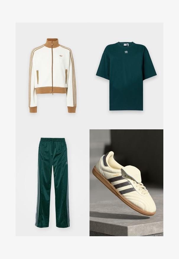 Hvit cropped jakke med en rillet brun krage og mansjetter. Har to sidelommer og tre brune striper langs ermene. Brodert logo.; Mørkegrønn, oversized bomulls-T-skjorte med korte ermer og rund hals, med en hvit Adidas-logo på brystet.; Mørkegrønne treningsbukser laget av glinsende materiale, med sidepaneler i lysegrått og en brodert logo på venstre ben.; Kremfargede lær sneakers med tre mørke striper, en brun gummisåle og en avrundet tå. Har en sammenleggbar tunga merket "SAMBA."